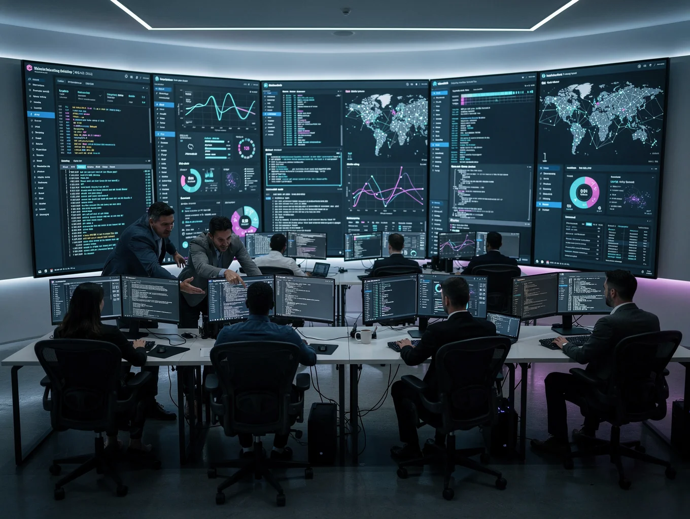 Équipe d'analystes de sécurité travaillant au sein d'un centre opérationnel de cyberdéfense (SOC).